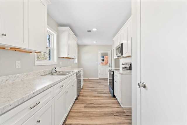 kitchen featuring a sink, white cabinetry, stainless steel appliances, light wood-style floors, and baseboards