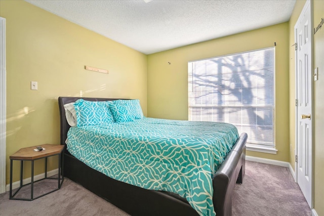 carpeted bedroom with multiple windows, baseboards, and a textured ceiling