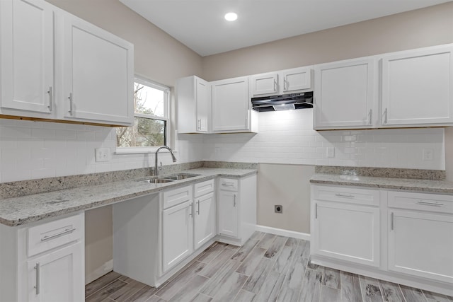 kitchen featuring under cabinet range hood, white cabinetry, wood tiled floor, and a sink