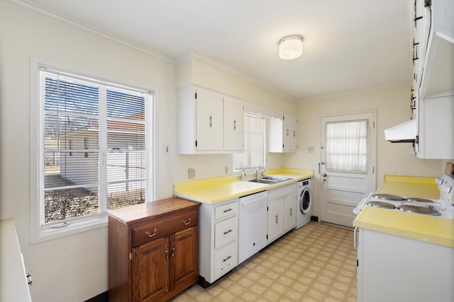 kitchen featuring a sink, white appliances, exhaust hood, light floors, and washer / dryer