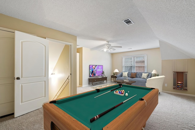 recreation room with billiards, carpet, visible vents, ceiling fan, and a textured ceiling