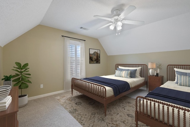 bedroom with visible vents, carpet, vaulted ceiling, a textured ceiling, and a ceiling fan