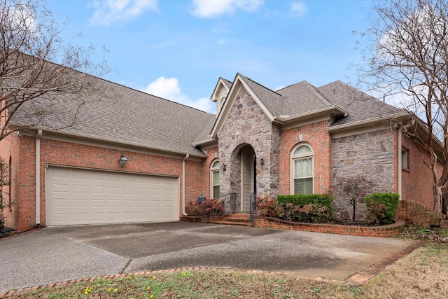 view of front of home with driveway, stone siding, a shingled roof, a garage, and brick siding