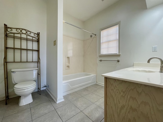 full bath with baseboards, toilet, shower / bathtub combination, tile patterned floors, and vanity