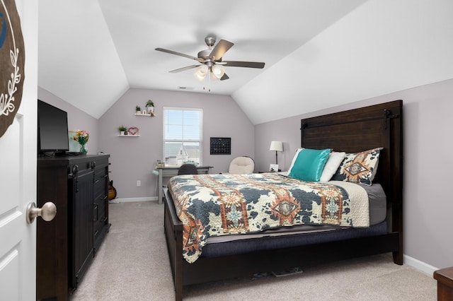 bedroom featuring visible vents, ceiling fan, baseboards, lofted ceiling, and light carpet