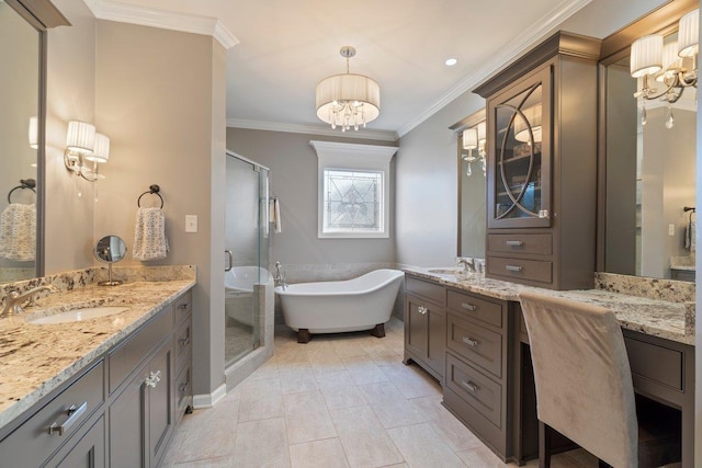 bathroom featuring a sink, two vanities, a stall shower, and crown molding