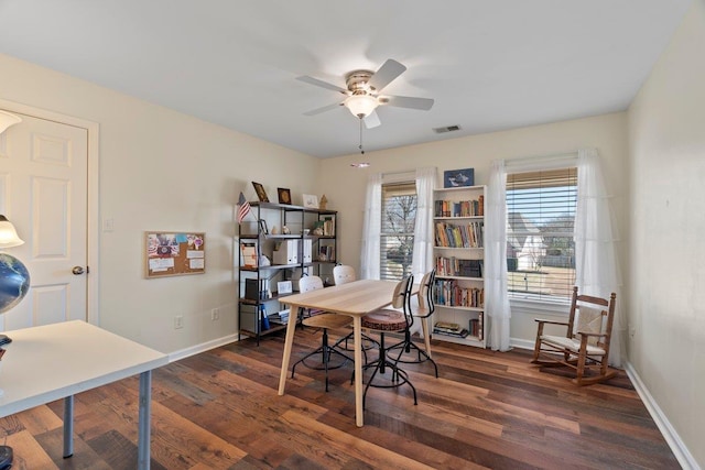 home office featuring visible vents, baseboards, and dark wood finished floors