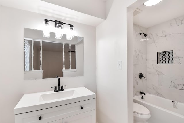 full bath featuring visible vents, toilet, bathtub / shower combination, and vanity