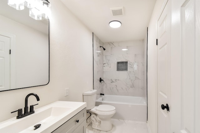 full bathroom featuring visible vents, toilet, shower / bathtub combination, marble finish floor, and vanity