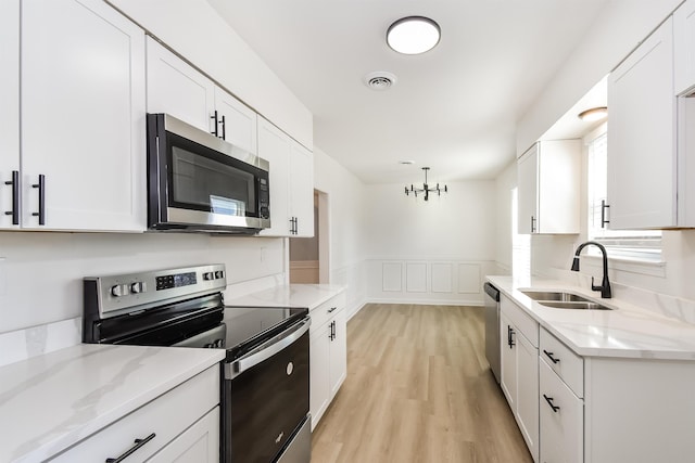 kitchen featuring a sink, visible vents, appliances with stainless steel finishes, and white cabinetry