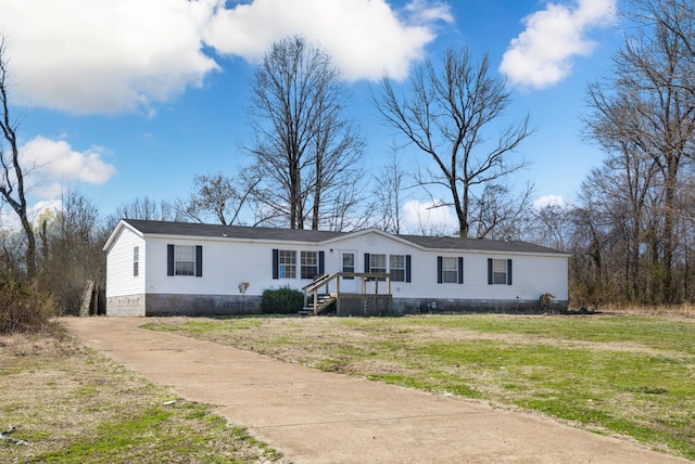 manufactured / mobile home with a front lawn and crawl space