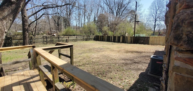 view of yard featuring central AC unit and a fenced backyard