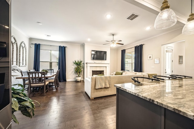 kitchen with light stone countertops, dark wood-style flooring, a tiled fireplace, and crown molding