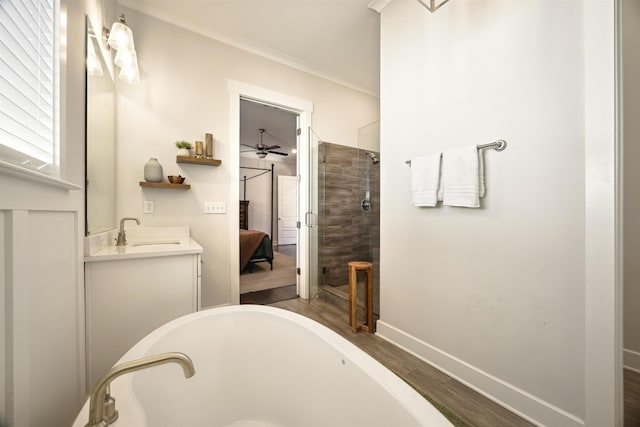 full bath with vanity, wood finished floors, ensuite bath, ornamental molding, and a washtub