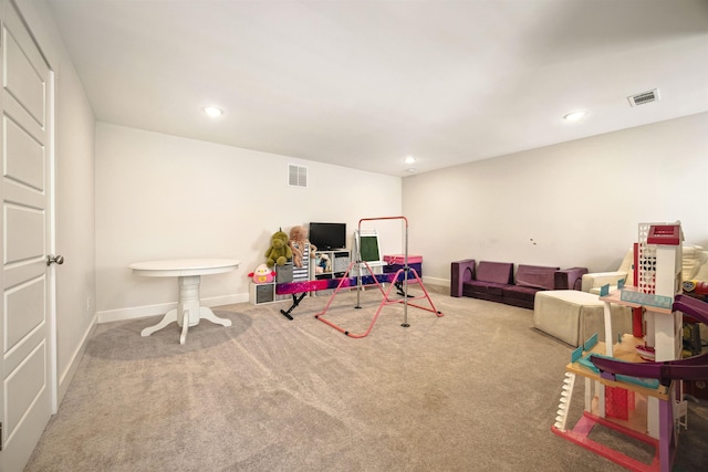 game room featuring recessed lighting, visible vents, baseboards, and carpet flooring