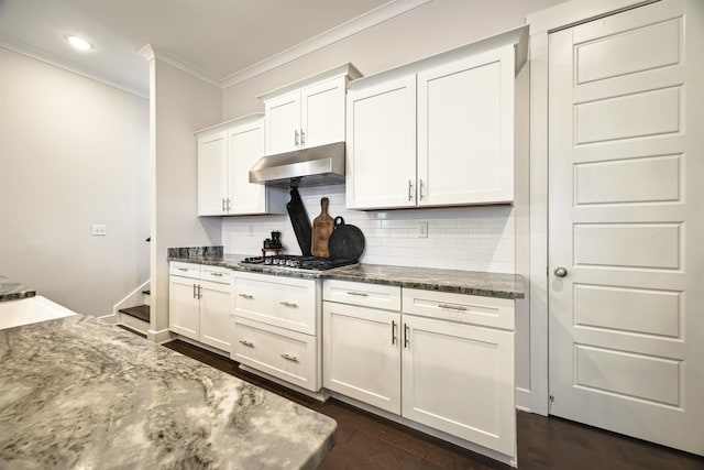 kitchen featuring tasteful backsplash, crown molding, under cabinet range hood, stainless steel gas cooktop, and white cabinets