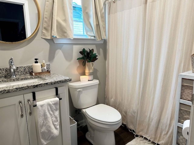 bathroom featuring vanity, toilet, and a shower with curtain