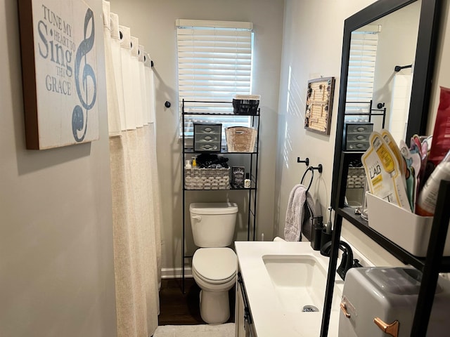 bathroom featuring vanity, a shower with shower curtain, and toilet