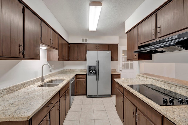 kitchen with under cabinet range hood, dishwasher, refrigerator with ice dispenser, black electric cooktop, and a sink