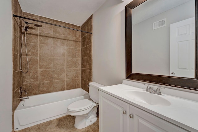 full bathroom featuring vanity, visible vents, tile patterned flooring, shower / bath combination, and toilet