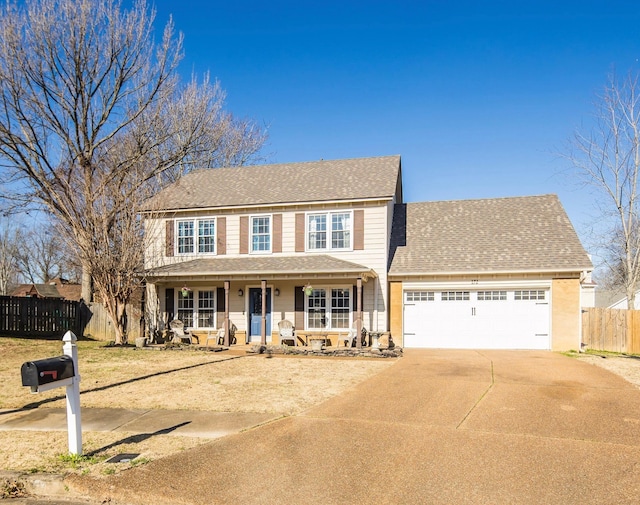 colonial-style house featuring fence, a porch, concrete driveway, roof with shingles, and a garage