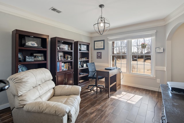 home office featuring visible vents, arched walkways, dark wood-type flooring, and crown molding