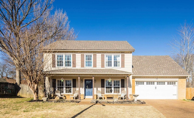 view of front of house featuring a shingled roof, fence, a porch, concrete driveway, and an attached garage