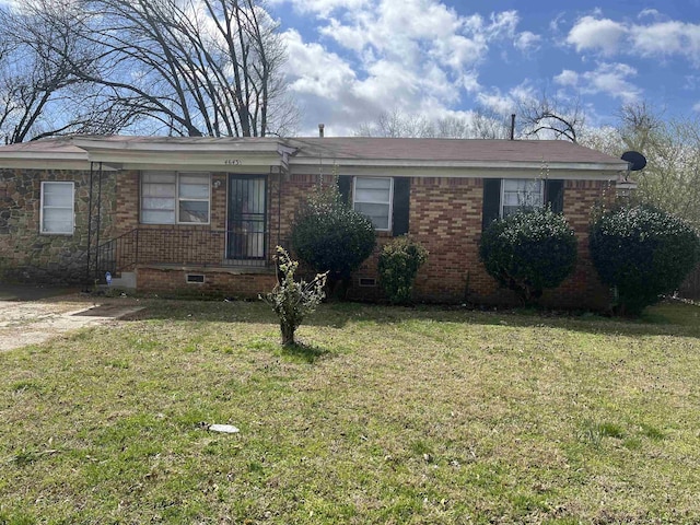 single story home with a front lawn, brick siding, and crawl space