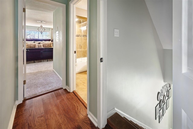 corridor with baseboards and wood finished floors