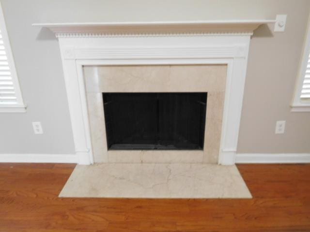 room details featuring a fireplace, baseboards, and wood finished floors