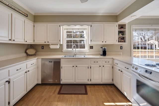 kitchen featuring dishwasher, ornamental molding, light wood-style floors, white electric stove, and a sink