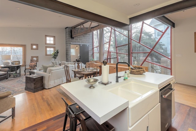 kitchen with light countertops, wood finished floors, open floor plan, and a sink