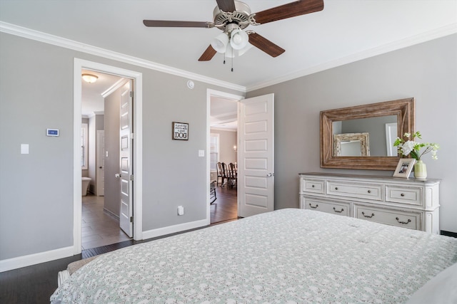 bedroom featuring wood finished floors, baseboards, and ornamental molding