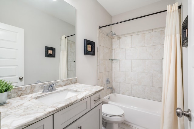 full bath featuring vanity, toilet, and shower / tub combo with curtain