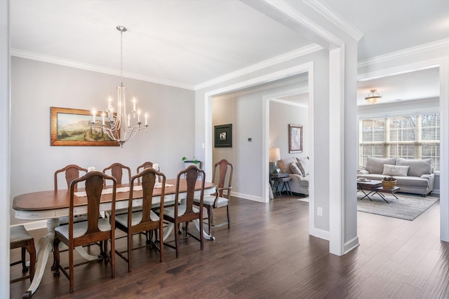 dining room with baseboards, a notable chandelier, ornamental molding, and dark wood-style flooring