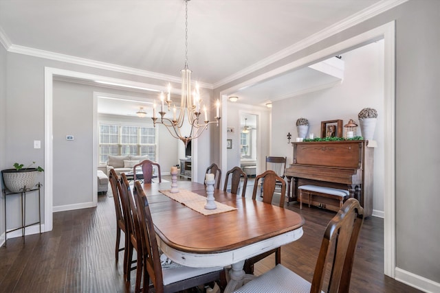 dining room featuring dark wood-style floors, a notable chandelier, baseboards, and ornamental molding