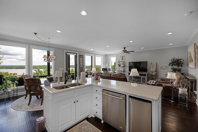 kitchen with dishwasher, light countertops, open floor plan, and a sink