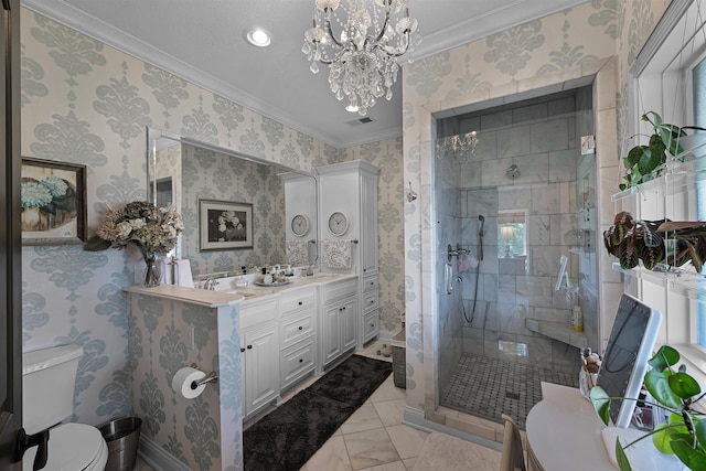 full bathroom with wallpapered walls, crown molding, visible vents, and a stall shower