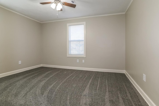 unfurnished room featuring ceiling fan, dark carpet, crown molding, and baseboards