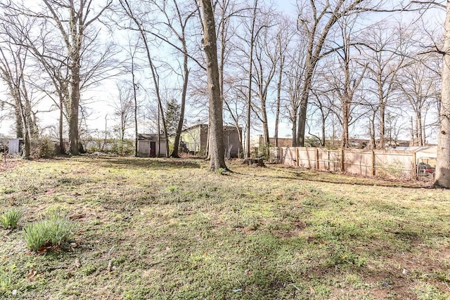 view of yard with a storage unit, an outbuilding, and fence