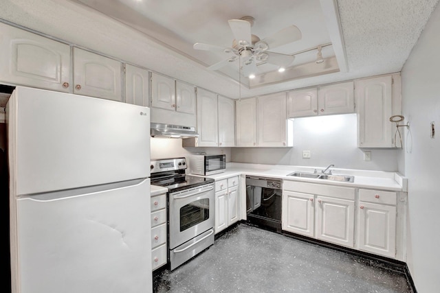 kitchen with under cabinet range hood, a tray ceiling, a sink, stainless steel appliances, and ceiling fan