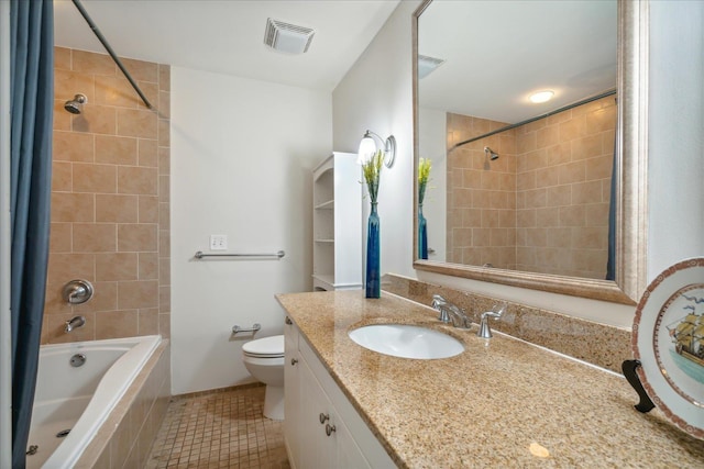 bathroom featuring vanity, visible vents, tile patterned floors, toilet, and shower / tub combo with curtain