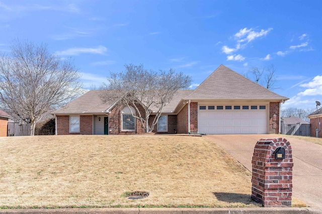 ranch-style house with brick siding, concrete driveway, roof with shingles, a front yard, and a garage