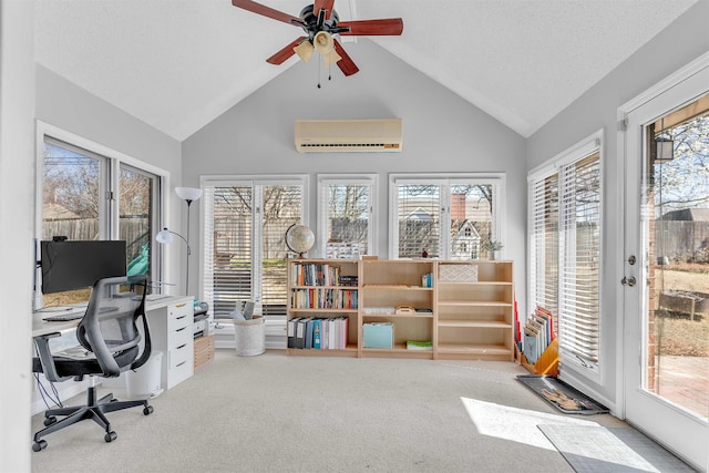 carpeted home office featuring high vaulted ceiling, a textured ceiling, a ceiling fan, and a wall unit AC