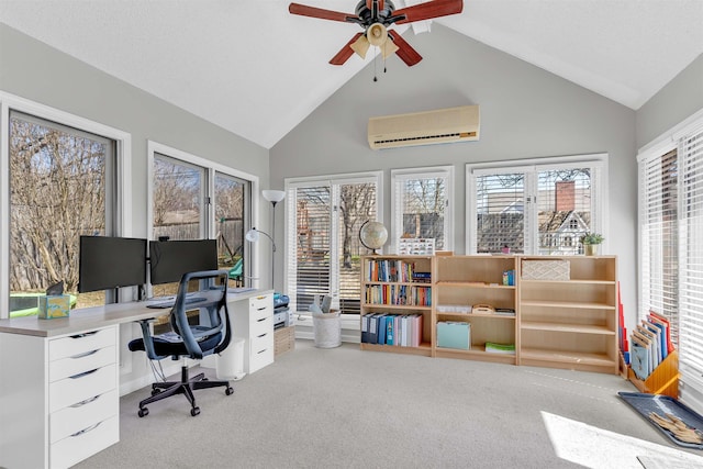 carpeted office space featuring high vaulted ceiling, a wall mounted AC, and ceiling fan