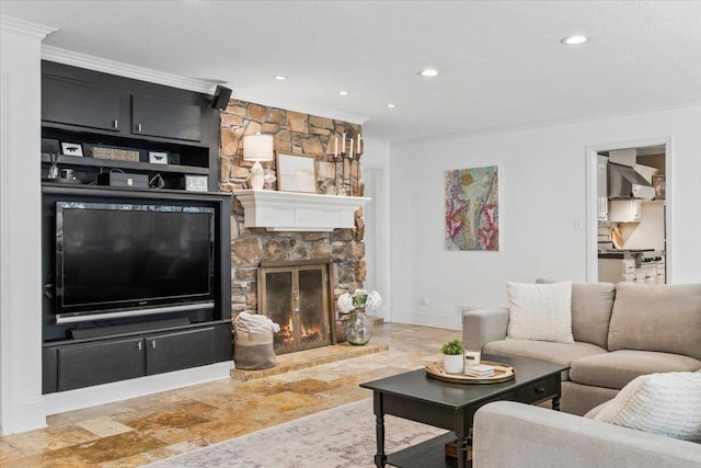 living room with crown molding, baseboards, recessed lighting, a fireplace, and stone finish floor