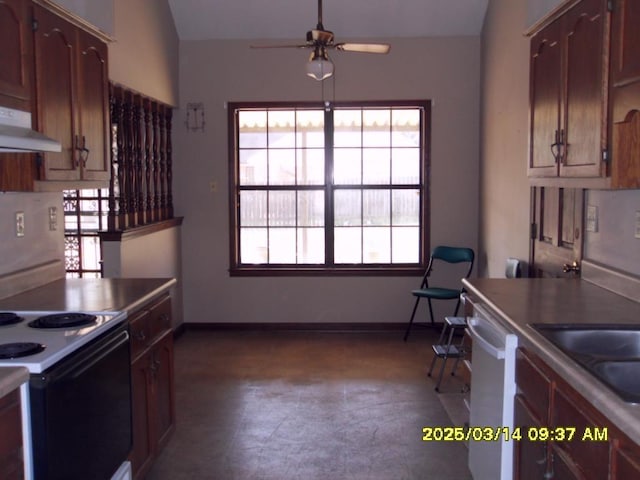 kitchen featuring range hood, a ceiling fan, baseboards, range with electric stovetop, and dishwasher