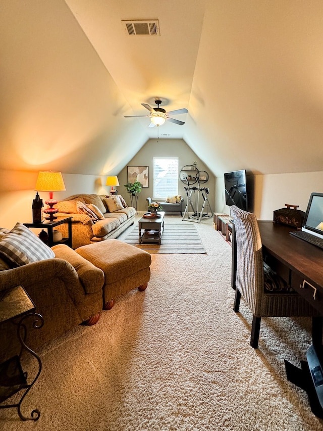 interior space featuring visible vents, lofted ceiling, and a ceiling fan