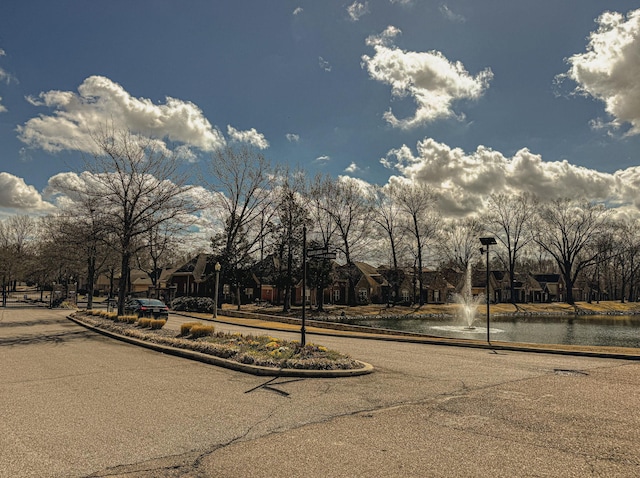 view of street with curbs, a residential view, and street lights