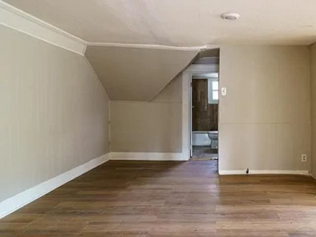 additional living space featuring baseboards, lofted ceiling, and wood finished floors